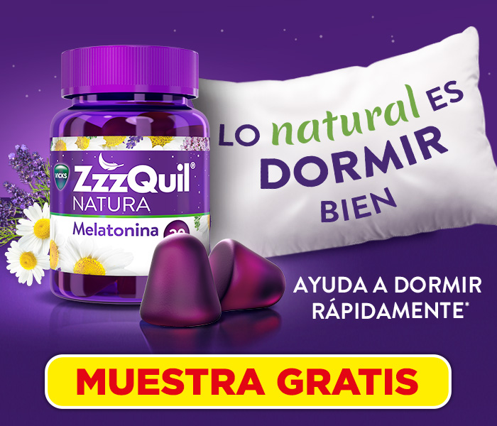 Imagen frasco de 30 gummies Zzzquil natura Melatonina con una almohada con gummies al lado derecho con el texto: Lo normal es dormir bien. Ayuda  a dormir rápidamente. Abajo texto: Muestras gratis 